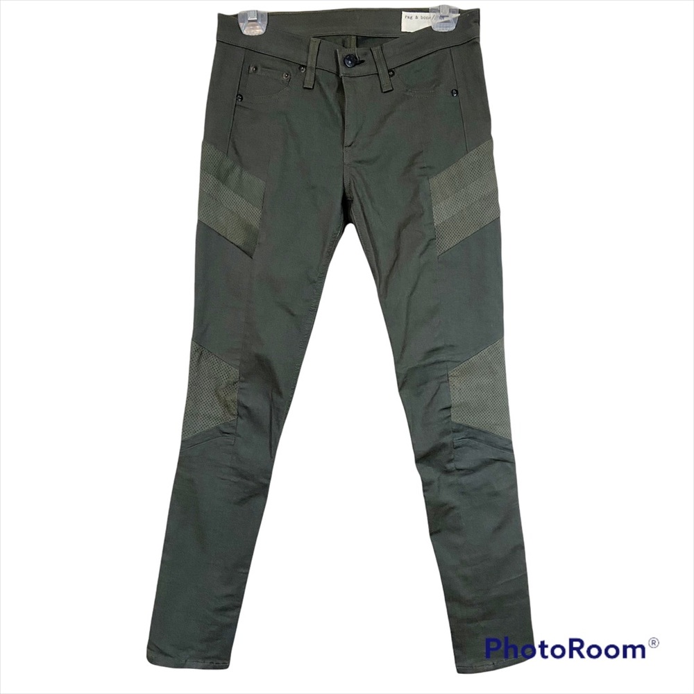 Rag & Bone lamb leather moto jeans 26 army green Halifax leather panel